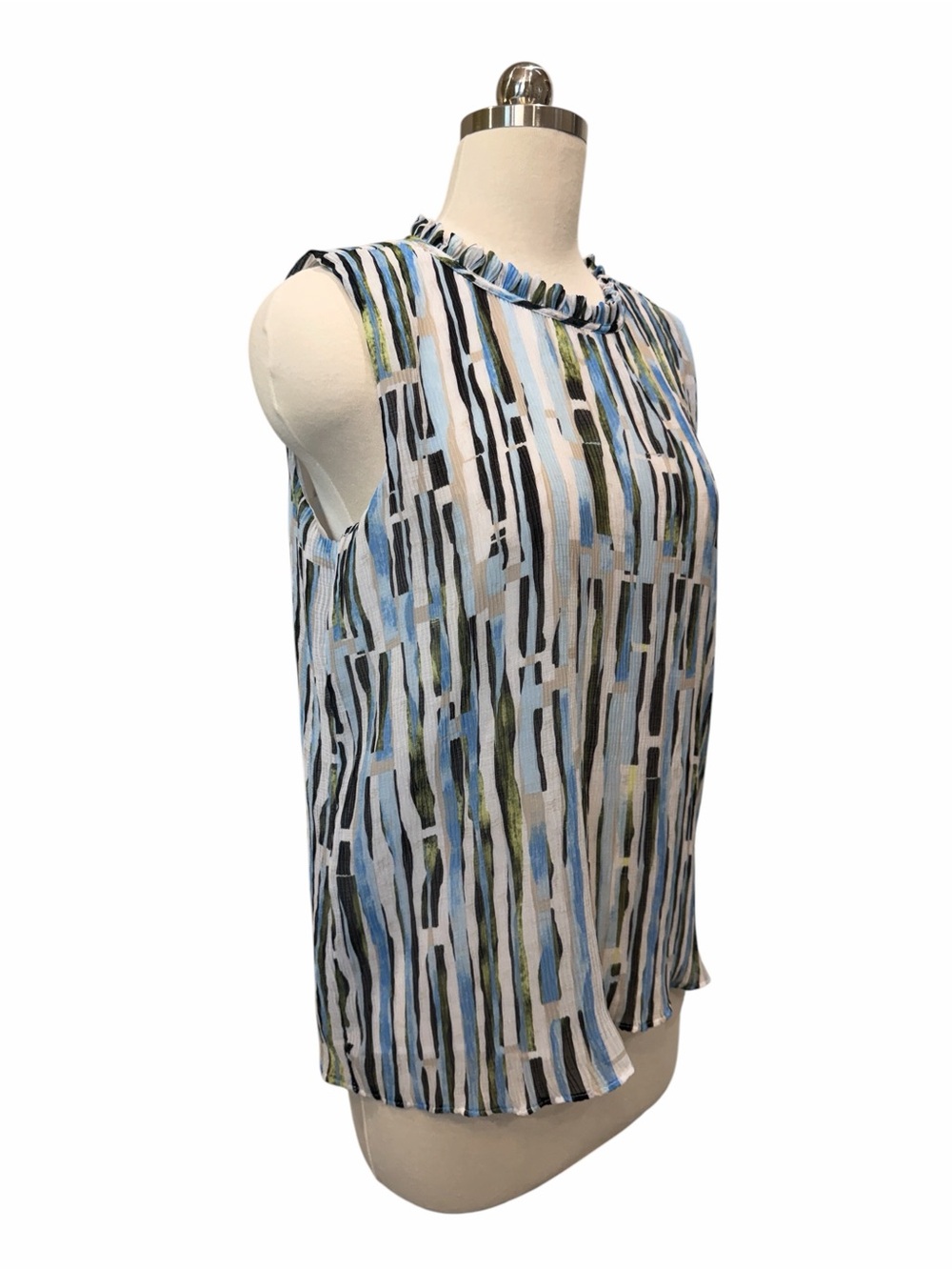 Calvin Klein Abstract Stripe Ruffle Neck Sleeveless Blouse Top Blue Green M NWT - Picture 7 of 15